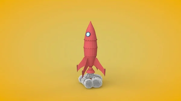 3D illustration of the rocket model in the style of low poly. Toy. Space rocket on the launch pad flies up from the spaceport. Stylized image of smoke in the form of balls of polyhedra. 3D rendering.