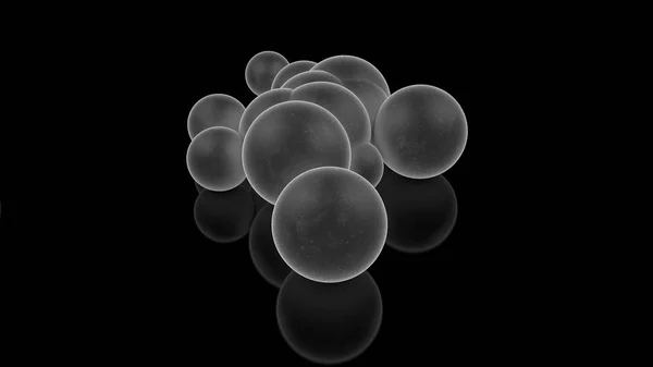 黑色背景上灰色球的 3d 插图。球体随机散落在黑色反射表面和发光处。未来派、创意、具有完美表面的物体的 3D 渲染. — 图库照片