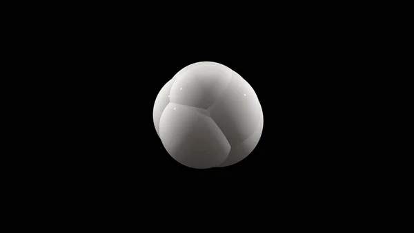 Rendu 3D d'une boule blanche sur un fond noir à partir duquel de nombreuses sphères blanches sont pressées. L'idée de fission, réaction chimique, désintégration atomique. Une belle illustration des sphères parfaites — Photo