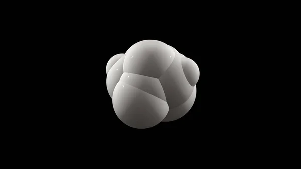 Representación en 3D de una bola blanca sobre un fondo negro del que se exprimen muchas esferas blancas. La idea de fisión, reacción química, descomposición atómica. Una hermosa ilustración de las esferas perfectas —  Fotos de Stock