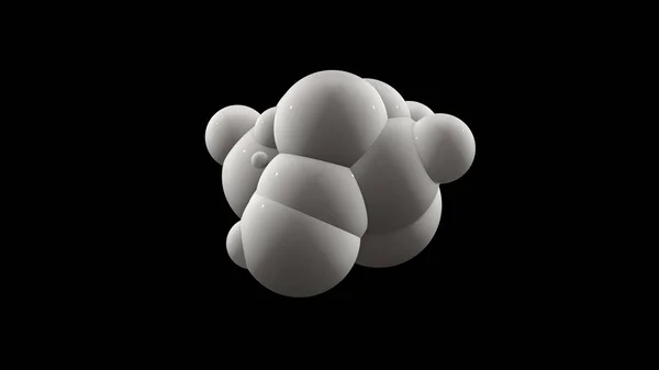 Renderização 3D de uma bola branca em um fundo preto do qual muitas esferas brancas se apertam fora. A ideia de fissão, reacção química, decaimento atómico. Uma bela ilustração das esferas perfeitas — Fotografia de Stock