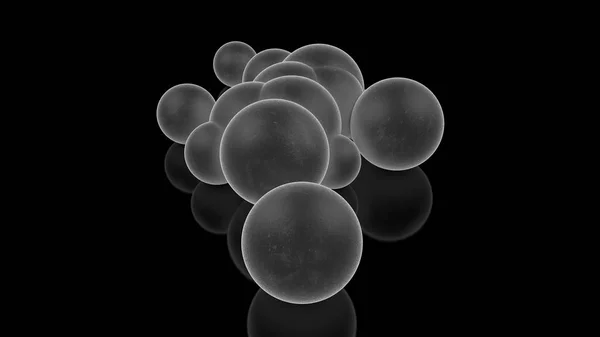 3D απεικόνιση των μπάλες του γκρι σε μαύρο φόντο. Οι σφαίρες διασκορπίζονται τυχαία σε μια μαύρη, ανακλαστική επιφάνεια και λάμψη. 3D απόδοση φουτουριστικό, ιδέες, αντικείμενα με τέλεια επιφάνεια. — Φωτογραφία Αρχείου