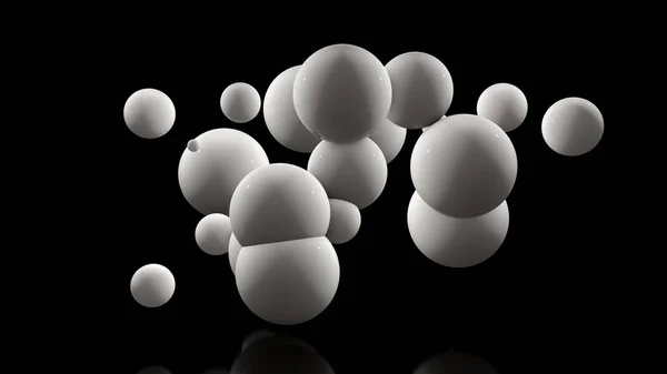 3D illustration av många vita bollar på en svart bakgrund. Bollar slumpmässigt placerade i rymden och glöd. 3D-rendering av futuristisk, abstrakt idé, bakgrund, objekt med perfekt yta. — Stockfoto