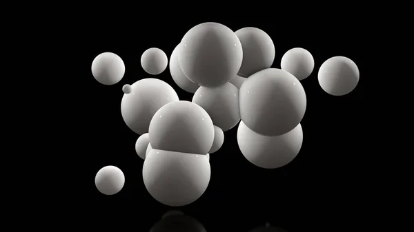 Ilustração 3D de muitas bolas brancas em um fundo preto. As bolas estão localizadas aleatoriamente no espaço e brilho. Renderização 3D de ideia futurista, abstrata, fundo, objetos com superfície perfeita . — Fotografia de Stock