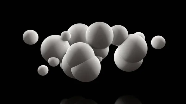 3D ілюстрація багатьох білих кульок на чорному тлі. Кульки випадково розташовані в просторі і світінні. 3D візуалізація футуристичної, абстрактної ідеї, тла, об'єктів з ідеальною поверхнею . — стокове фото