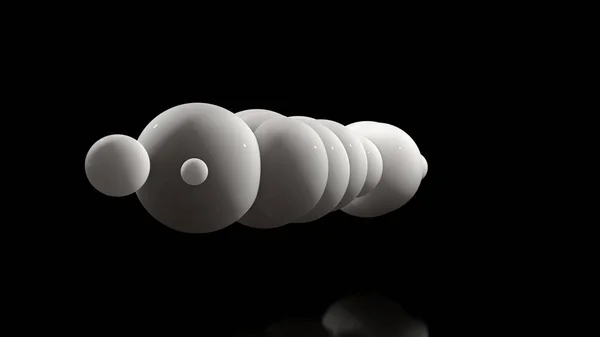 3D ілюстрація багатьох білих кульок на чорному тлі. Кульки випадково розташовані в просторі і світінні. 3D візуалізація футуристичної, абстрактної ідеї, тла, об'єктів з ідеальною поверхнею . — стокове фото