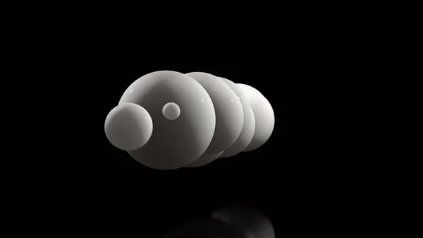 Ilustración 3D de muchas bolas blancas sobre un fondo negro. Las bolas se localizan aleatoriamente en el espacio y brillan. Representación 3D de idea futurista, abstracta, fondo, objetos con superficie perfecta . — Foto de Stock