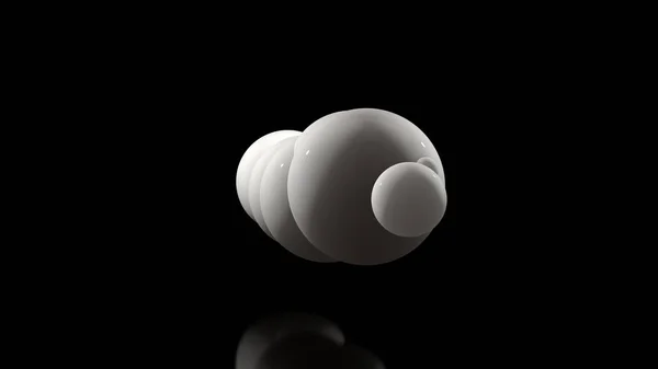 黒い背景に多くの白いボールの3Dイラスト。ボールはランダムに空間と輝きに位置しています。未来的な抽象的なアイデア、背景、完璧な表面を持つオブジェクトの3Dレンダリング. — ストック写真
