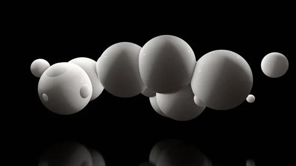 3D ilustrace mnoha bílých koulí na černém pozadí. Kuličky se náhodně nacházejí v prostoru a září. prostorové vykreslování futuristické, abstraktní myšlenky, pozadí, objekty s dokonalým povrchem. — Stock fotografie