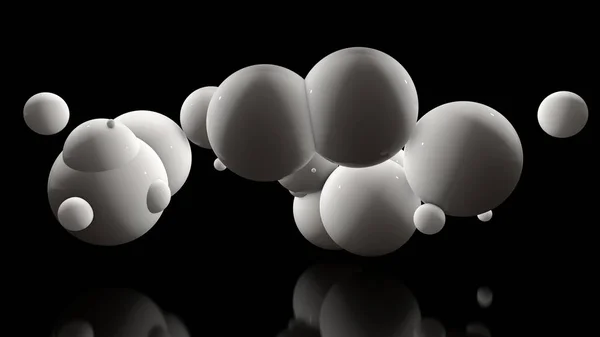 Ilustracja 3D wielu białych kulek na czarnym tle. Kulki są losowo umieszczone w przestrzeni i blasku. Renderowanie 3D futurystyczny, abstrakcyjny pomysł, tło, obiekty o doskonałej powierzchni. — Zdjęcie stockowe