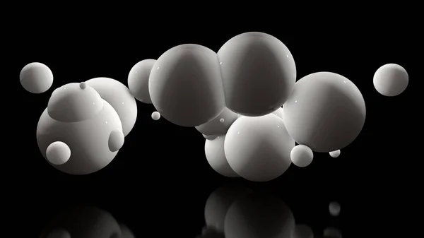 3D иллюстрация многих белых шаров на черном фоне. Яйца случайно расположены в пространстве и светятся. 3D рендеринг футуристической, абстрактной идеи, фона, объектов с идеальной поверхностью . — стоковое фото