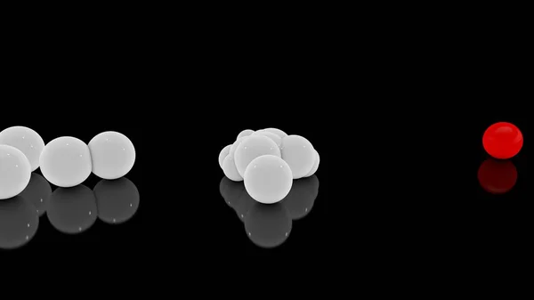 Representación en 3D de una multitud de bolas blancas dispersas sobre una superficie reflectante negra y una esfera Veta roja. Imagen futurista de formas geométricas abstractas . — Foto de Stock