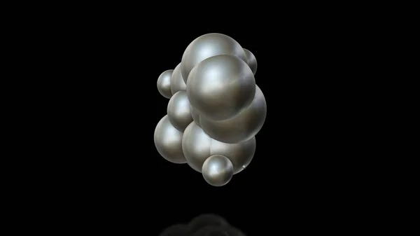 3D ilustrace kovových koulí různých velikostí náhodně uspořádaných do prostoru a pronikavých do sebe. Futuristický obraz, abstrakce. prostorové vykreslování izolované na černém pozadí. — Stock fotografie