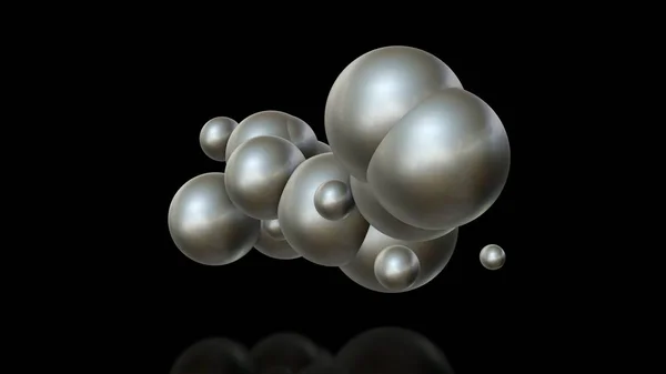 3D-illustratie van metalen ballen van verschillende grootte willekeurig gerangschikt in de ruimte en doordringen in elkaar. Een futuristisch beeld, een abstractie. 3D-rendering geïsoleerd op zwarte achtergrond. — Stockfoto