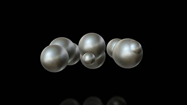 異なるサイズの金属ボールの3Dイラストは、空間内にランダムに配置され、互いに貫通します。未来的なイメージ、抽象化。黒い背景に分離された 3D レンダリング. — ストック写真