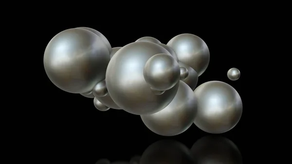 3D иллюстрация металлических шаров разных размеров, случайно расположенных в пространстве и проникающих друг в друга. Футуристический образ, абстракция. 3D рендеринг изолирован на черном фоне . — стоковое фото