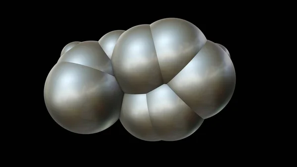 Illustrazione 3D di sfere metalliche di diverse dimensioni disposte casualmente nello spazio e penetranti l'una nell'altra. Un'immagine futuristica, un'astrazione. rendering 3D isolato su sfondo nero . — Foto Stock