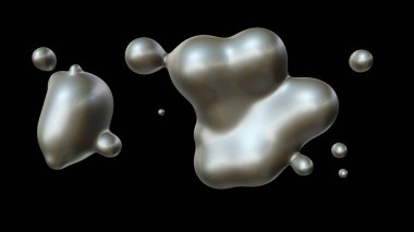 Sıfır yerçekiminde cıva damlalarının çoğulluğunun 3boyutlu illüstrasyonu, uzayda birleşip parçalanır. Birlik, uyum ve düzensizlik fikri. Zd render, fütüristik arka plan.