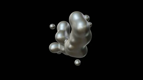 3D illustration av ett flertal droppar kvicksilver i tyngdlöshet, i rymden smälter samman och sönderfaller. Idén om enighet, harmoni och oordning. ZD-rendering, futuristisk bakgrund. — Stockfoto