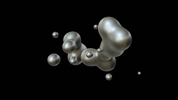 無重力で複数の水銀滴の3D図を、宇宙合体と崩壊で。団結、調和と無秩序の考え。Zd レンダリング、未来的な背景. — ストック写真