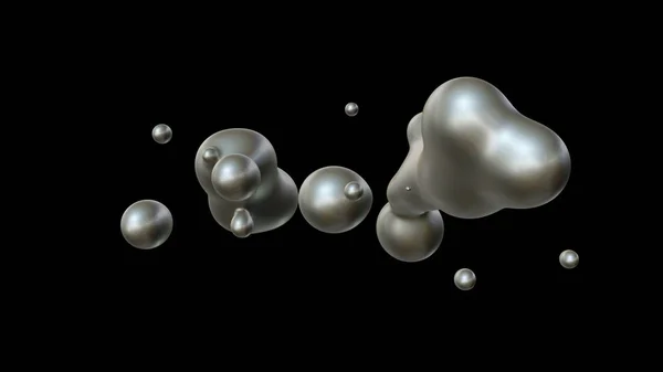 3D illustration of a plurality of drops of mercury in zero gravity, in space coalesce and disintegrate. The idea of unity, harmony and disorder. ZD rendering, futuristic background.