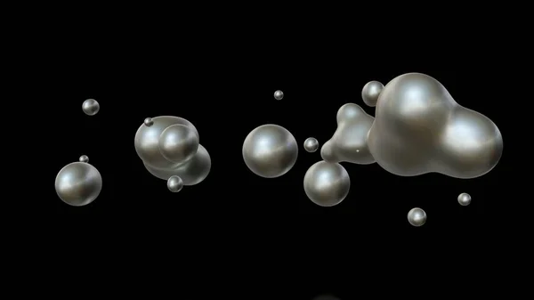 3D ilustrace pluralita kapek rtuti v nulové gravitaci, v prostoru pro splyání a dezintegraci. Představa jednoty, harmonie a nepořádku. Zd-futuristické zázemí. — Stock fotografie