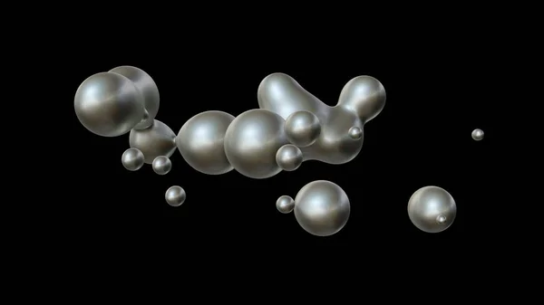 Ilustração 3D de uma pluralidade de gotas de mercúrio em gravidade zero, em casco espacial e desintegração. A ideia de unidade, harmonia e desordem. Renderização ZD, fundo futurista . — Fotografia de Stock
