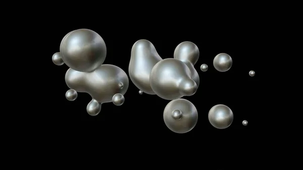 3D-illustratie van een pluraliteit van druppels kwik in nul zwaartekracht, in de ruimte Coalesce en uiteenvallen. Het idee van eenheid, harmonie en stoornis. ZD rendering, futuristische achtergrond. — Stockfoto