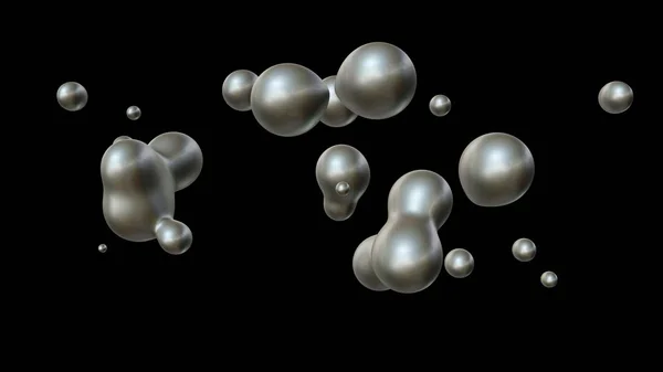 Ilustracja 3D mnogość kropli rtęci w zerowej grawitacji, w przestrzeni koalesce i rozpadać. Idea jedności, harmonii i zaburzeń. Renderowanie zd, futurystyczne tło. — Zdjęcie stockowe