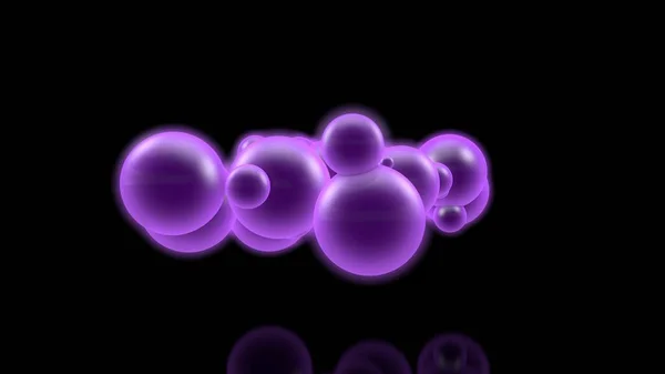 Imagem 3D de muitas bolas roxas brilhantes em um espaço escuro. Ilustração para composição futurista e científica, abstrata. A ideia de reações nucleares e celebração. Renderização 3D, isolada . — Fotografia de Stock