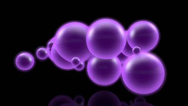 暗い空間で多くの輝く紫色のボールの3D画像。未来的で科学的、抽象的な構成のためのイラスト。核反応とお祝いのアイデア。3D レンダリング、分離. — ストック写真