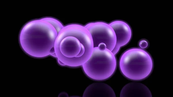3D изображение многих светящихся фиолетовых шаров в темном пространстве. Иллюстрация к футуристической и научной, абстрактной композиции. Идея ядерных реакций и празднования. 3D рендеринг, изолированный . — стоковое фото