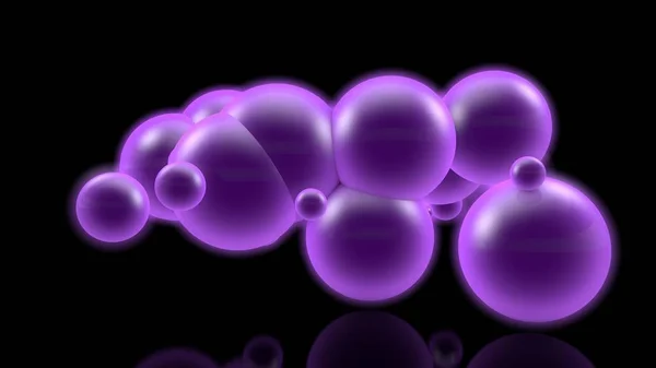 Immagine 3D di molte palline viola incandescenti in uno spazio buio. Illustrazione per composizione futuristica e scientifica, astratta. L'idea di reazioni nucleari e celebrazione. rendering 3D, isolato . — Foto Stock