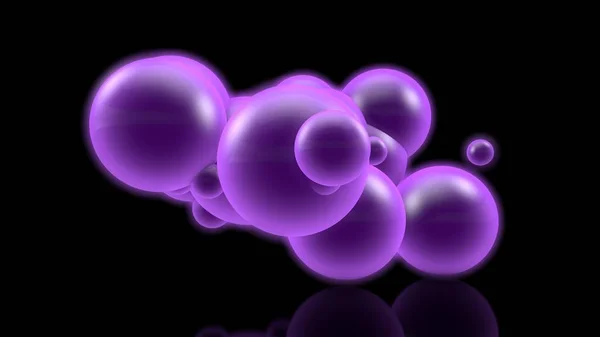 3D изображение многих светящихся фиолетовых шаров в темном пространстве. Иллюстрация к футуристической и научной, абстрактной композиции. Идея ядерных реакций и празднования. 3D рендеринг, изолированный . — стоковое фото