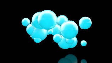 Siyah bir arka plan üzerinde uzayda çok güzel mavi topları 3d illüstrasyon. Güzellik ve uyum, kar bulutları ve kar yığınları fikri. 3d işleme, izole.