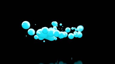 Soğuk sıvı birçok mavi damla 3d illüstrasyon, parçalanma ve toplam kütle içine birleştirme. Soyut, fütüristik arka plan görüntüsü. 3d render, siyah bir arka plan üzerinde, izole.