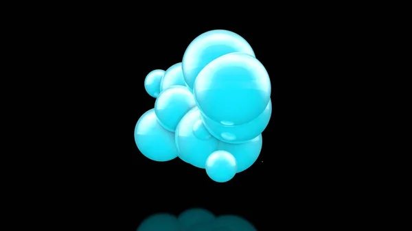 3D-illustratie van vele mooie blauwe ballen in de ruimte op een zwarte achtergrond. Het idee van schoonheid en harmonie, sneeuwwolken en snowdrifts. 3D-rendering, geïsoleerd. — Stockfoto