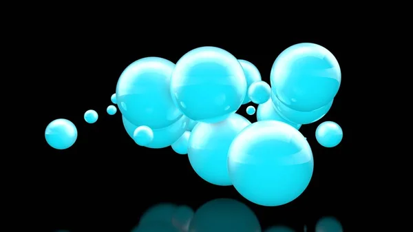 Ilustração 3D de muitas belas bolas azuis no espaço em um fundo preto. A ideia de beleza e harmonia, nuvens de neve e nevascas. Renderização 3D, isolada . — Fotografia de Stock