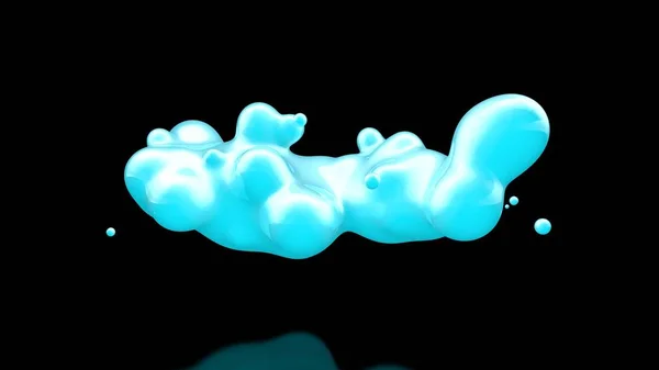 3D-Illustration vieler blauer Tropfen kalter Flüssigkeit, die sich auflösen und zu einer Gesamtmasse verschmelzen. abstraktes, futuristisches Hintergrundbild. 3D-Darstellung, auf schwarzem Hintergrund, isoliert. — Stockfoto