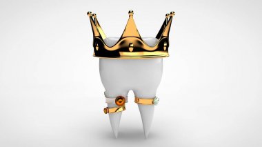 Altın bir taç ve değerli taşlar ile yüzük ile beyaz bir insan diş 3d render. Lüks bir yaşam fikri, pahalı ve yüksek kaliteli tedavi, protezler. Yalıtılmış görüntü