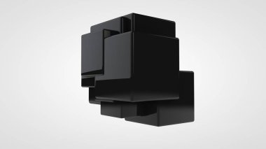 Farklı boyutlarda birçok siyah küpler 3d render, rasgele beyaz bir arka plan üzerinde uzayda düzenlenmiş. İdeal geometrik şekillerin soyut, fütüristik kompozisyonu.