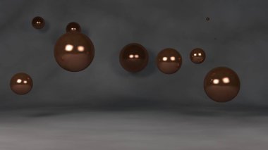 Bronz topları bir dizi 3d illüstrasyon. Küreler, yansıyan yüzeyin üzerinde rastgele uzaya yerleştirilir. 3d render, soyutlama, soyut, fütüristik arka plan. Kaos uyumu fikri
