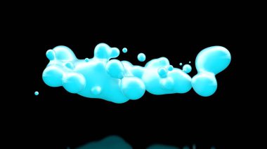 Soğuk sıvı birçok mavi damla 3d illüstrasyon, parçalanma ve toplam kütle içine birleştirme. Soyut, fütüristik arka plan görüntüsü. 3d render, siyah bir arka plan üzerinde, izole.