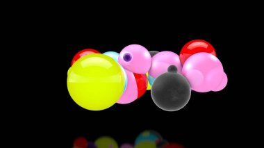 Uzayda birçok renkli topları 3d illüstrasyon, rasgele dağıtılan, siyah bir arka plan üzerinde, yansıtıcı yüzeyin üzerinde. 3d render, soyutlama. Sürrealizm, arka plan.