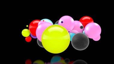 Uzayda birçok renkli topları 3d illüstrasyon, rasgele dağıtılan, siyah bir arka plan üzerinde, yansıtıcı yüzeyin üzerinde. 3d render, soyutlama. Sürrealizm, arka plan.