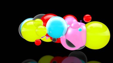 Uzayda birçok renkli topları 3d illüstrasyon, rasgele dağıtılan, siyah bir arka plan üzerinde, yansıtıcı yüzeyin üzerinde. 3d render, soyutlama. Sürrealizm, arka plan.