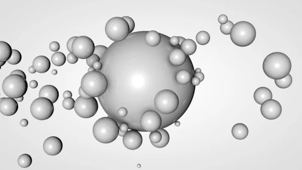 Representación 3D de muchas bolas pequeñas en el espacio que rodea una bola blanca grande. La idea de interacción. Composición futurista y abstracta para el fondo. Imagen aislada sobre fondo blanco . — Foto de Stock
