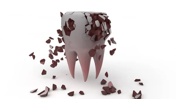 Renderização 3D de um dente humano doente, destruído. Ilustração para promover um estilo de vida saudável e cuidados da cavidade oral. Ilustração 3D isolada sobre fundo branco — Fotografia de Stock