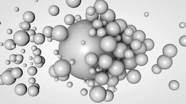 大きな白いボールを囲む空間に多くの小さなボールの3Dレンダリング。相互作用の考え方。背景のための未来的な、抽象的な構成。白い背景に分離された画像. — ストック写真