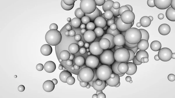 大きな白いボールを囲む空間に多くの小さなボールの3Dレンダリング。相互作用の考え方。背景のための未来的な、抽象的な構成。白い背景に分離された画像. — ストック写真